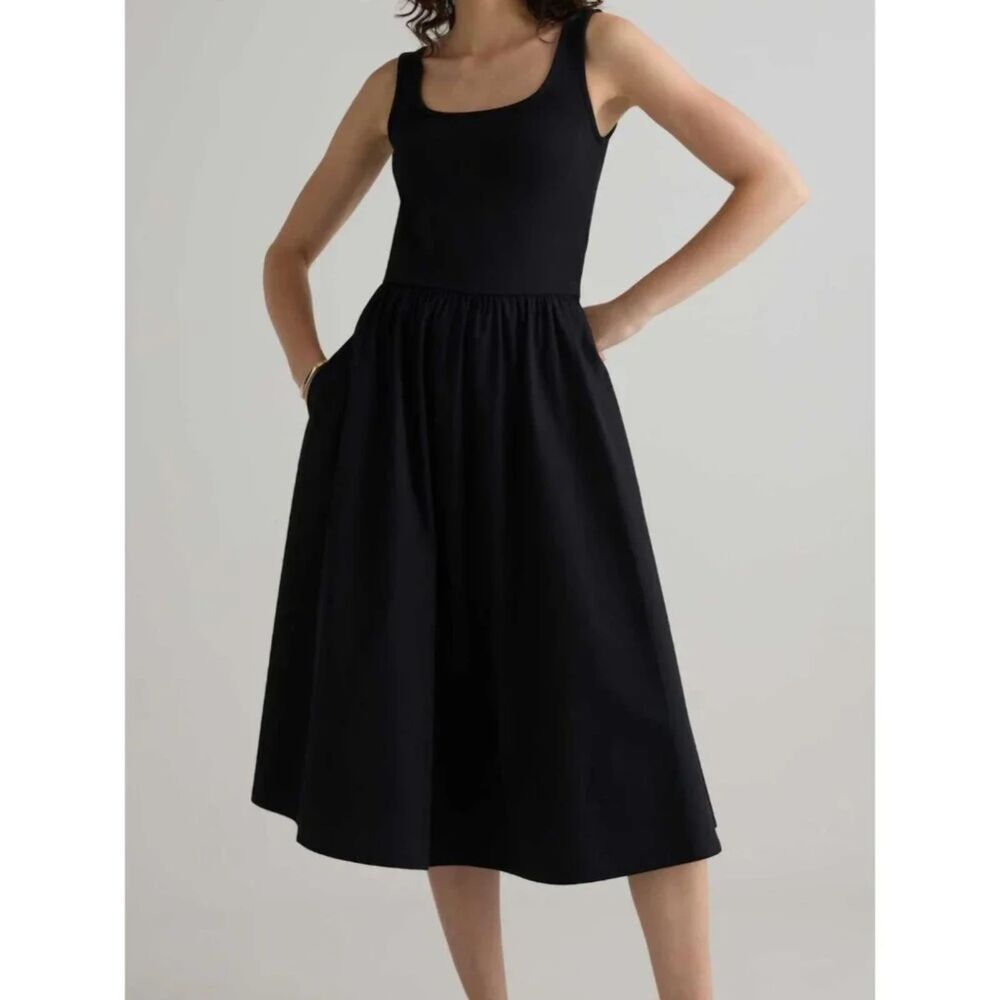 Quince Black Cotton Mixed Media Sleeveless Scoop-Neck Midi Tank Dress S